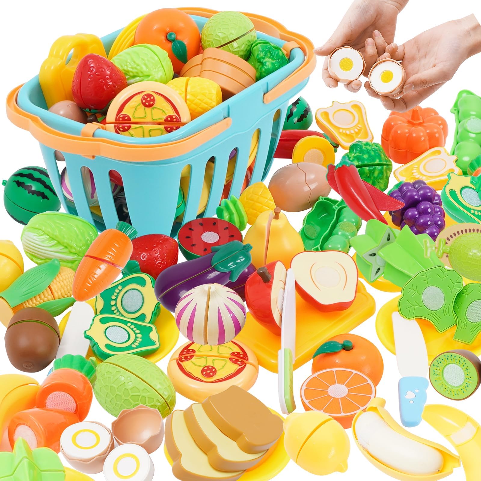 Cutting Play Food Toy 75pcs Plastic Play Food for Kids Kitchen Toys Set Pretend Fruit & Vegetables Accessories with Shopping Storage Basket Pretend Role Play Toy Educational Toys for Boys Girls