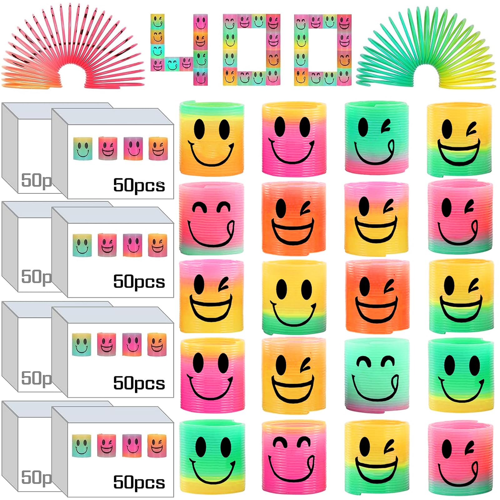 AZEN 400 Pcs Mini Spring (4 Packsges) Party Favors for Kids 3-5 4-8, Goodie Bags Stuffers for Birthday Party, Classroom Prizes Kids Prizes, Small Bulk Toys Gifts (4 Smile)