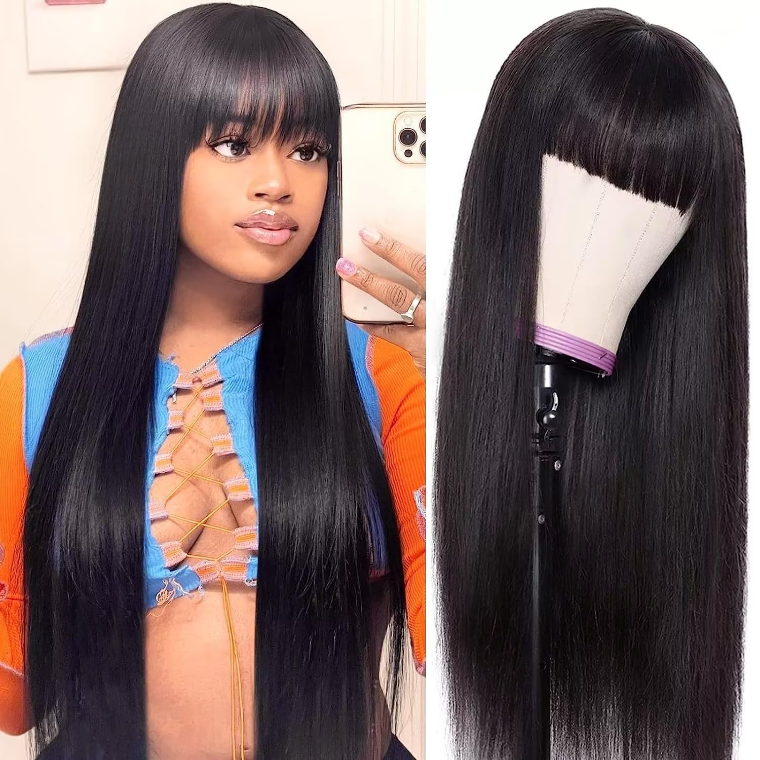 CLAROLAIR Straight Human Hair Wigs with Bangs None Lace Front Wigs Human Hair 150% Density Glueless Machine Made Brazilian Virgin Human Hair Wigs for Black Women Natural Color(18 Inch, Straight) — image 1