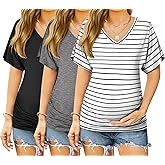 Ekouaer 3 Pack Maternity Shirts V Neck Dolman Sleeve Side Ruched Pregnancy Tops Tunic Blouse