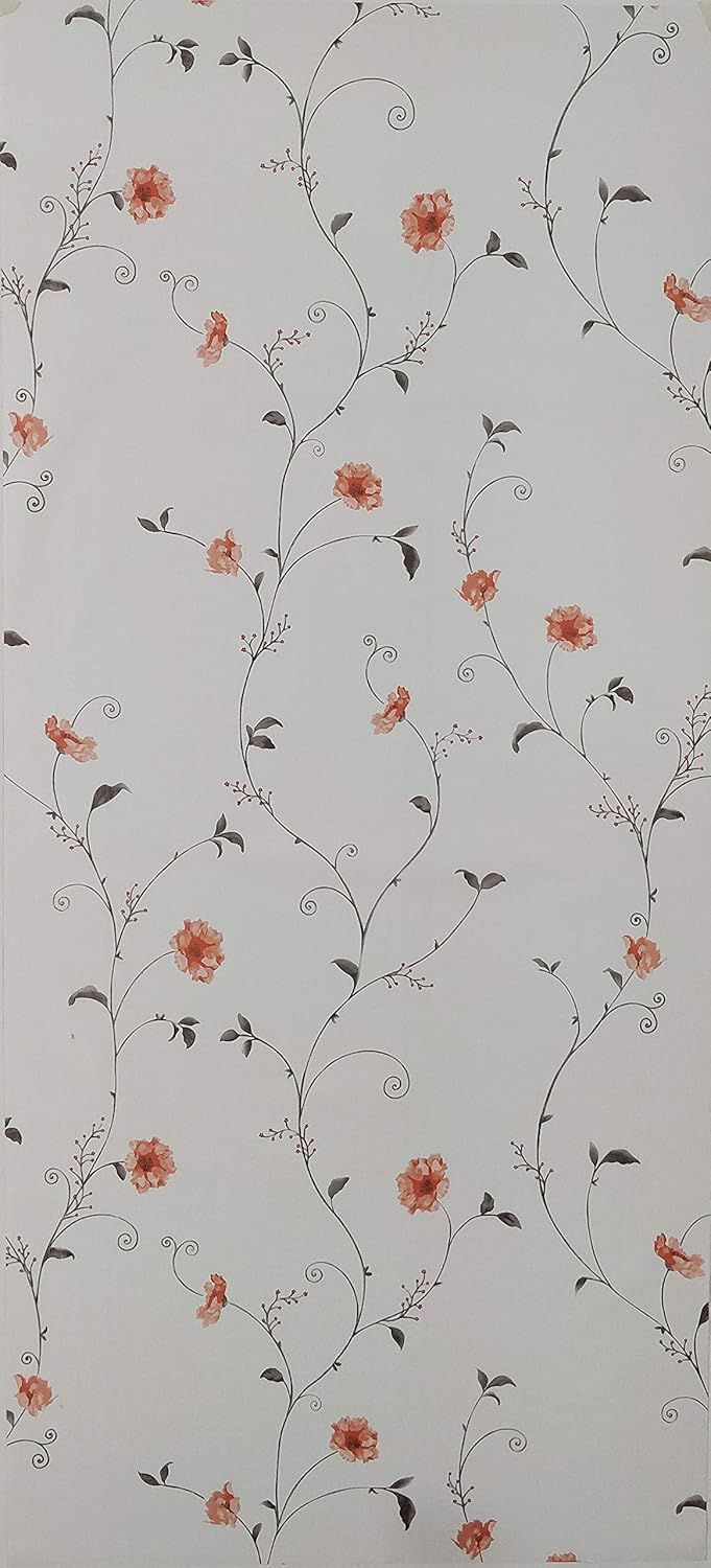 Dundee Deco AZ-F8252 Floral Printed Light Grey, Red Flowers on Vine Peel and Stick Self Adhesive Removable Wallpaper - Image 4