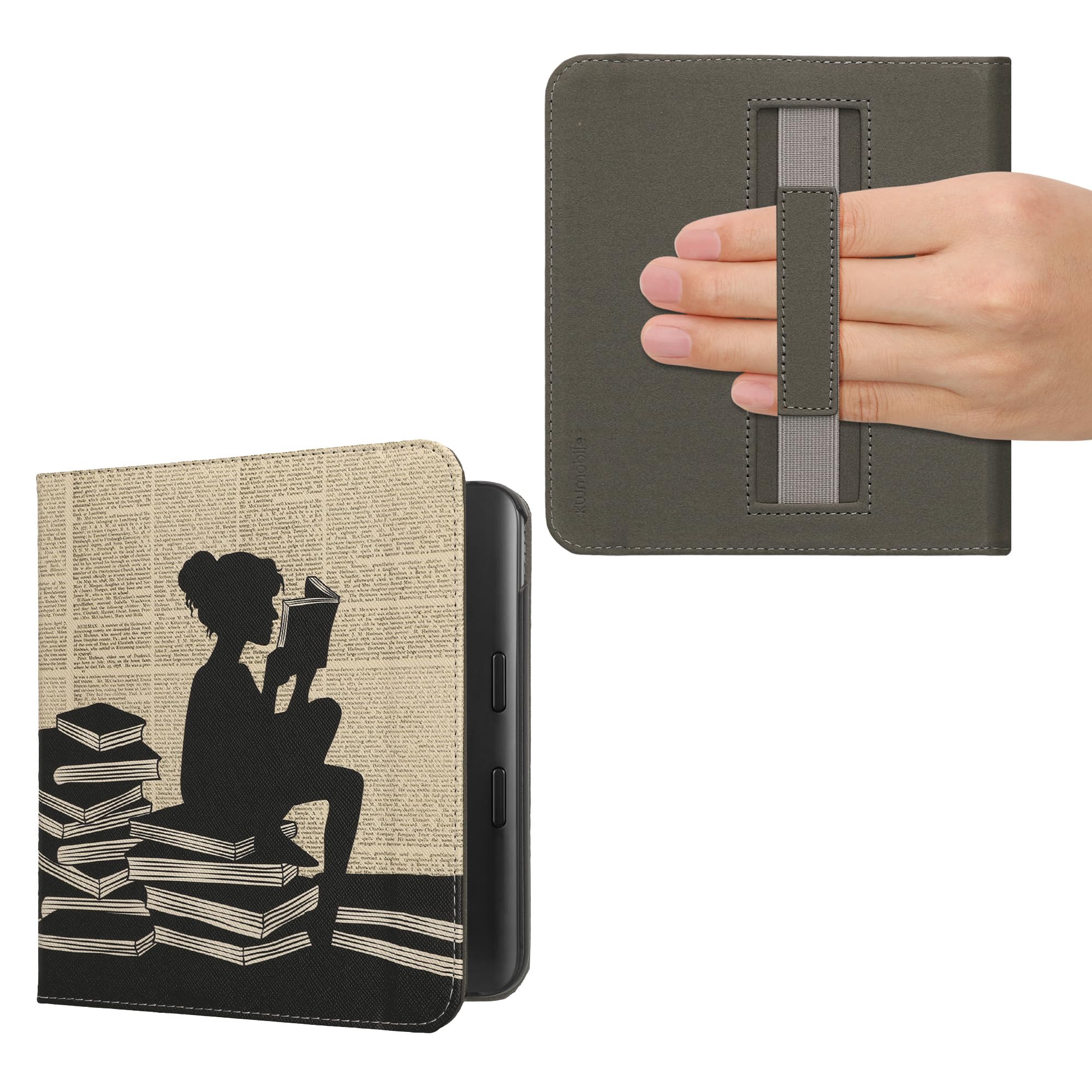 kwmobile Cover for Kobo Libra Colour Case - eReader Cover with hand strap and auto sleep funktion - Girl and Books with Black/Beige