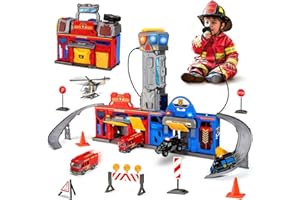 BLF FUN Police & Fire Station Transform Track Sets for Boys 3 4 5 6, Foldable Large City Action Playset with Light, Sounds, Walkie-Talkie, Cars and Helicopter, Birthday Gifts for Kid Boys 3-5,4-6