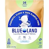 BLUELAND Laundry Detergent Tablets, 36 Count, Plastic-Free Eco-Friendly Pods, Sheets, Liquid Alternative - Fragrance Free and Clear, Natural, Gentle