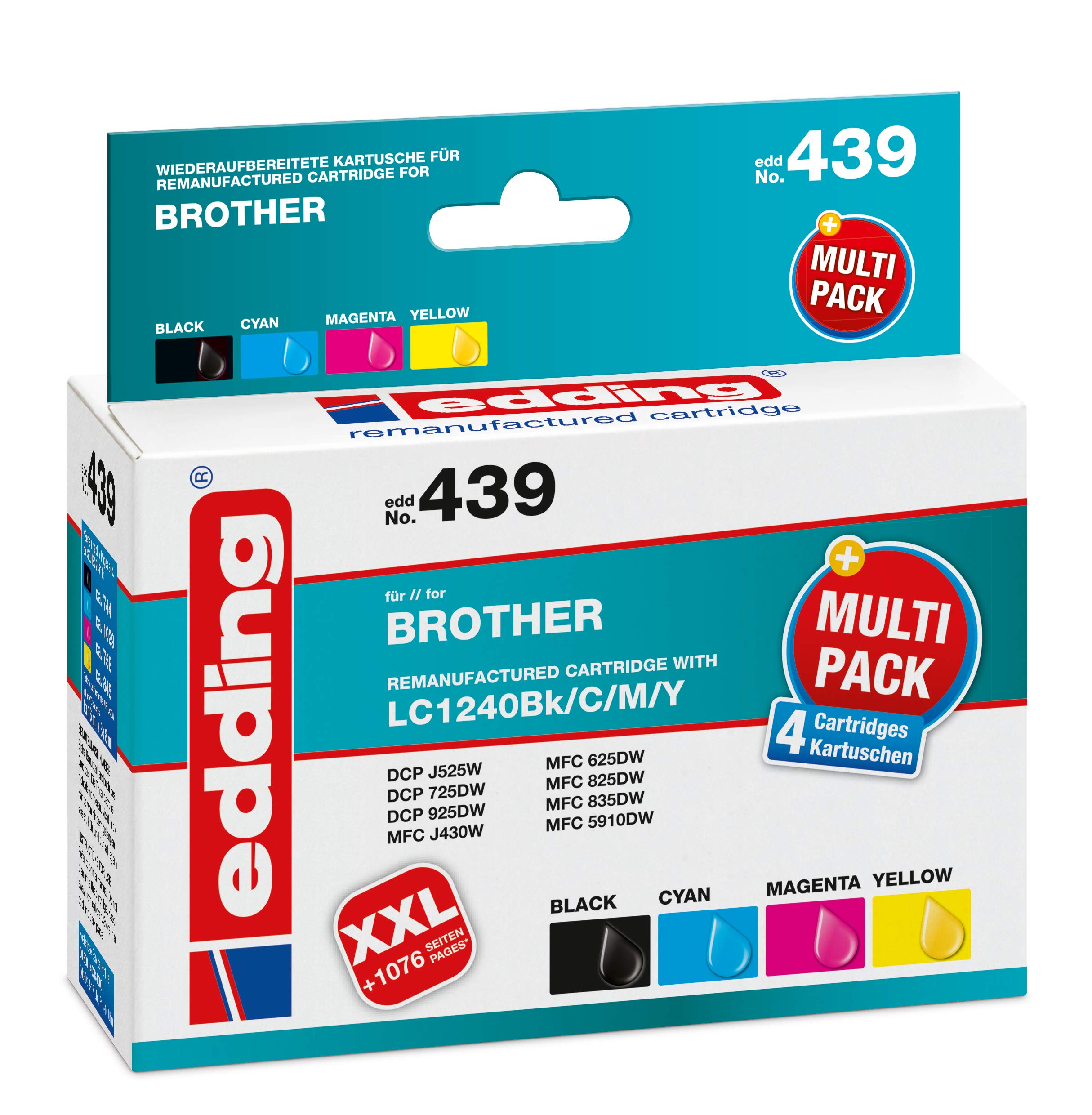 Edding EDD-439 Remanufactured Ink Cartridges Pack of 4, Black, Cyan, Magenta, Yellow