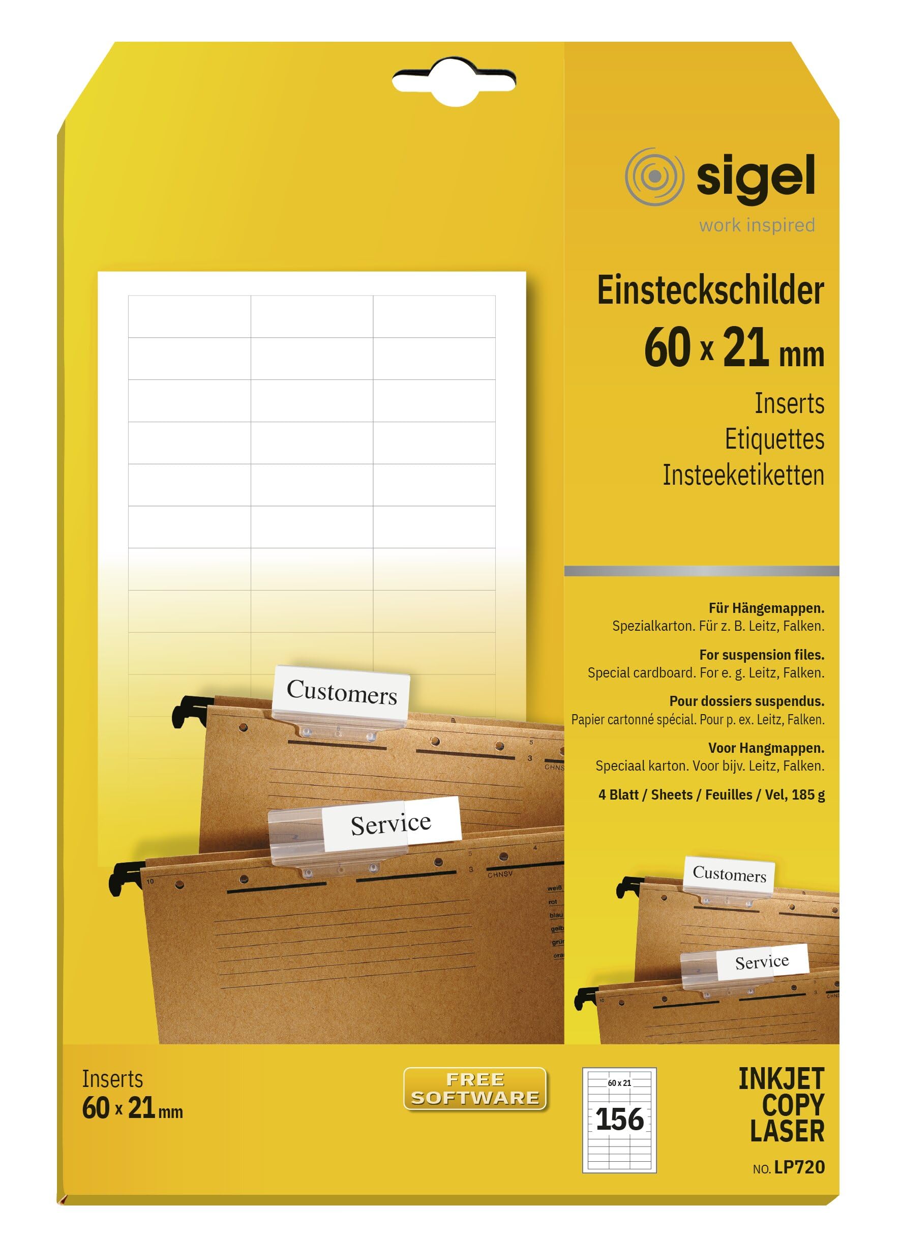 SIGEL LP720 Piece Inserts for suspension files, 6 x 2.1 cm, 185 gsm, 156 Pieces equal to 4 sheets, White