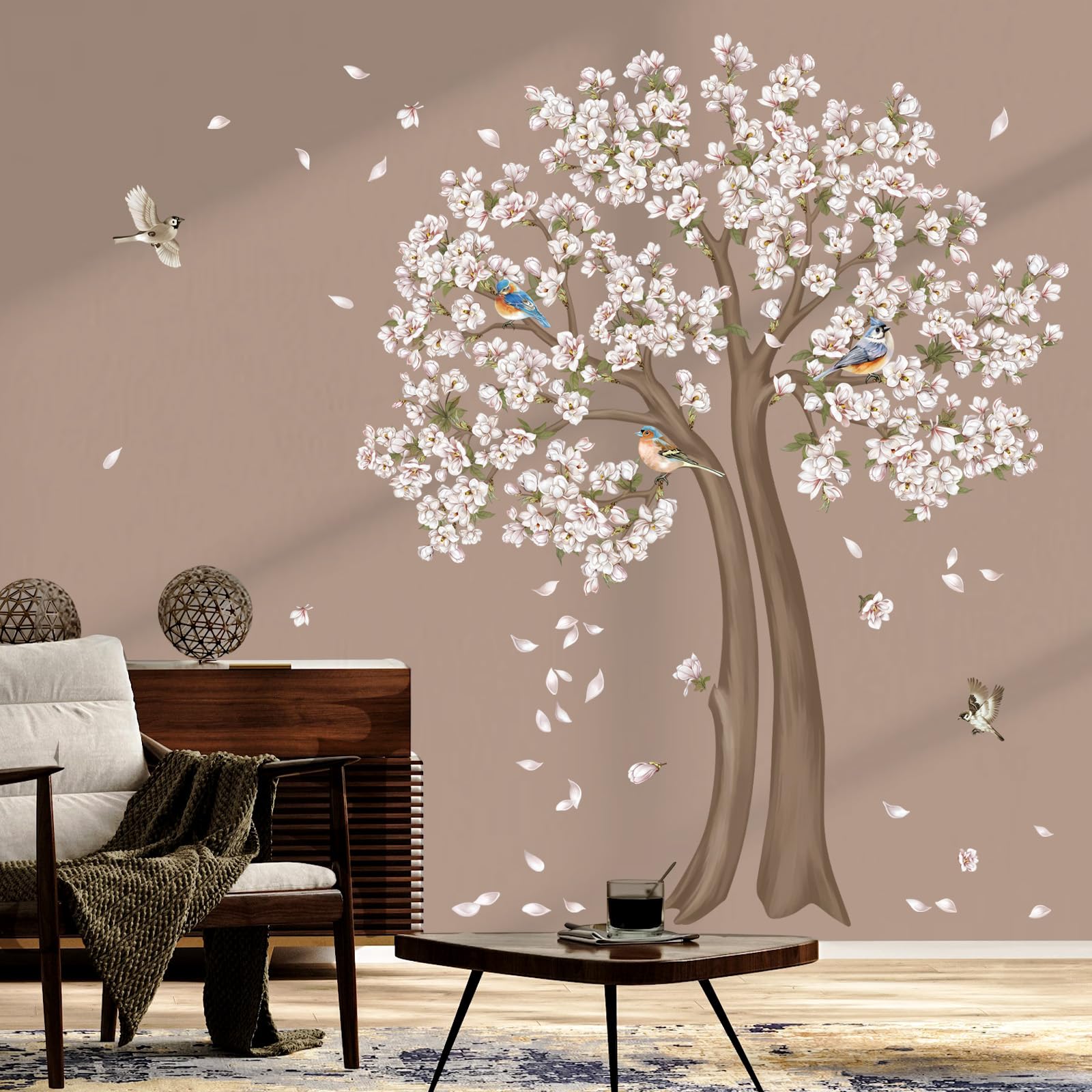 decalmile Large White Cherry Blossom Tree Wall Stickers Flower Birds Branch Wall Decals Bedroom Living Room Sofa TV Background Wall Decor