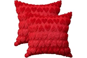 AVOIN colorlife Valentine's Day Love Heart Throw Pillow Cover Set of 2, 18 x 18 Inch Red Soft Plush Faux Fur Jacquard Anniversary Wedding Cushion Case Decoration for Sofa Couch