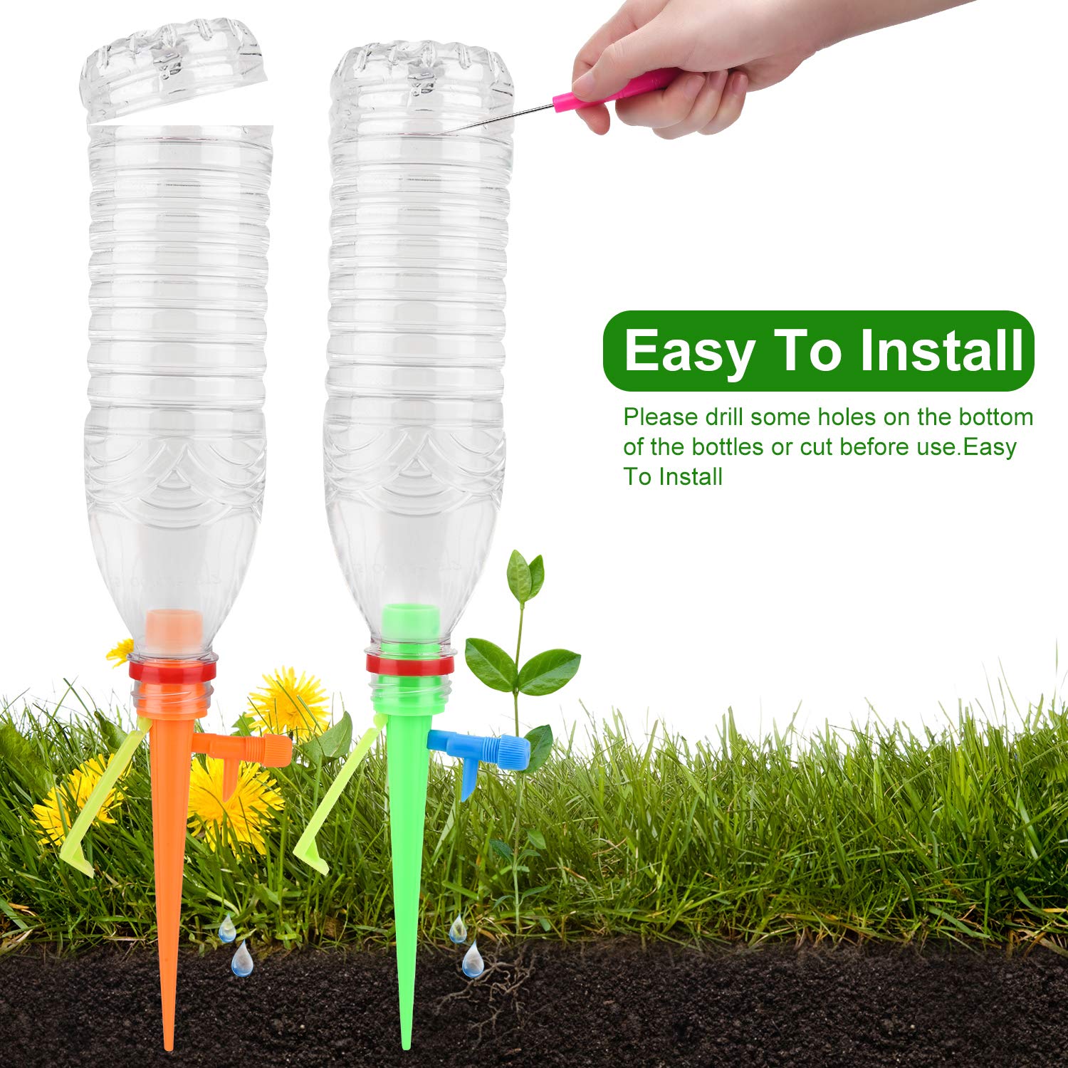 Plant Watering Spikes 24-Pack Upgraded Self Watering Devices with Control Valve Switch, Automatic Plant Waterer Vacation Drip Irrigation Water Stakes for Indoor & Outdoor, Fit for All Most Bottles