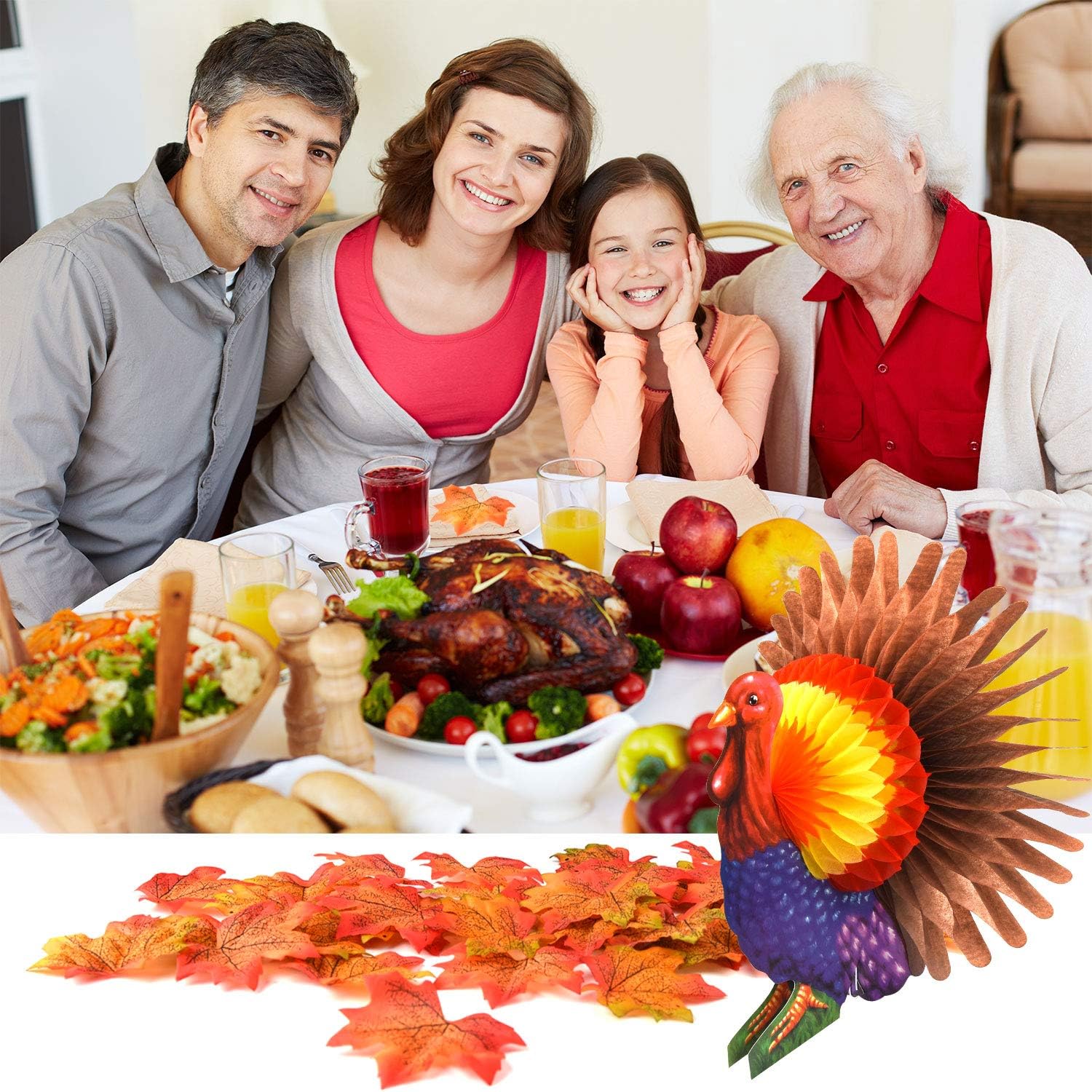 FEPITO Give Thanks Banner with Paper Colorful Turkey Pumpkin Artificial Maple Leaves Decoration Kit Total 203 PCS for Autumn Fall Party Thanksgiving Day Party Supplies Decorations - Image 4
