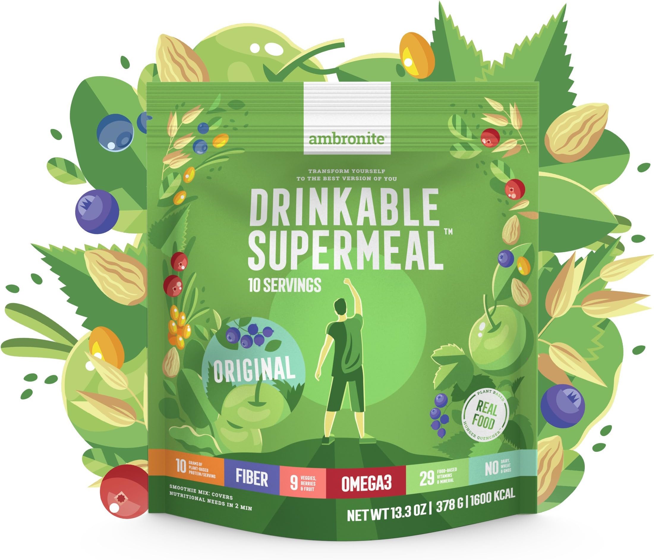 Meal Replacement Nutritional Shake by Ambronite - ORIGINAL - High Fiber Superfood & Protein Drink for Healthy Weight Loss - All Natural Smoothie Mix for Men and Women - 13.3 oz, 1600 cal Pouch