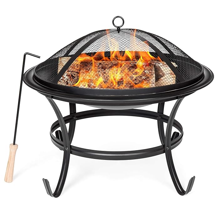 Best Choice Products 22in Steel Outdoor BBQ Grill Fire Pit Bowl for Camping, Bonfire w/Screen Cover, Log Grate, Poker