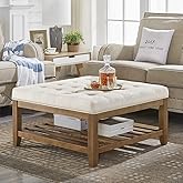 24KF Large Square Upholstered Tufted Linen Ottoman Coffee Table, Large Footrest Ottoman with Solid Wood Shelf-Ivory