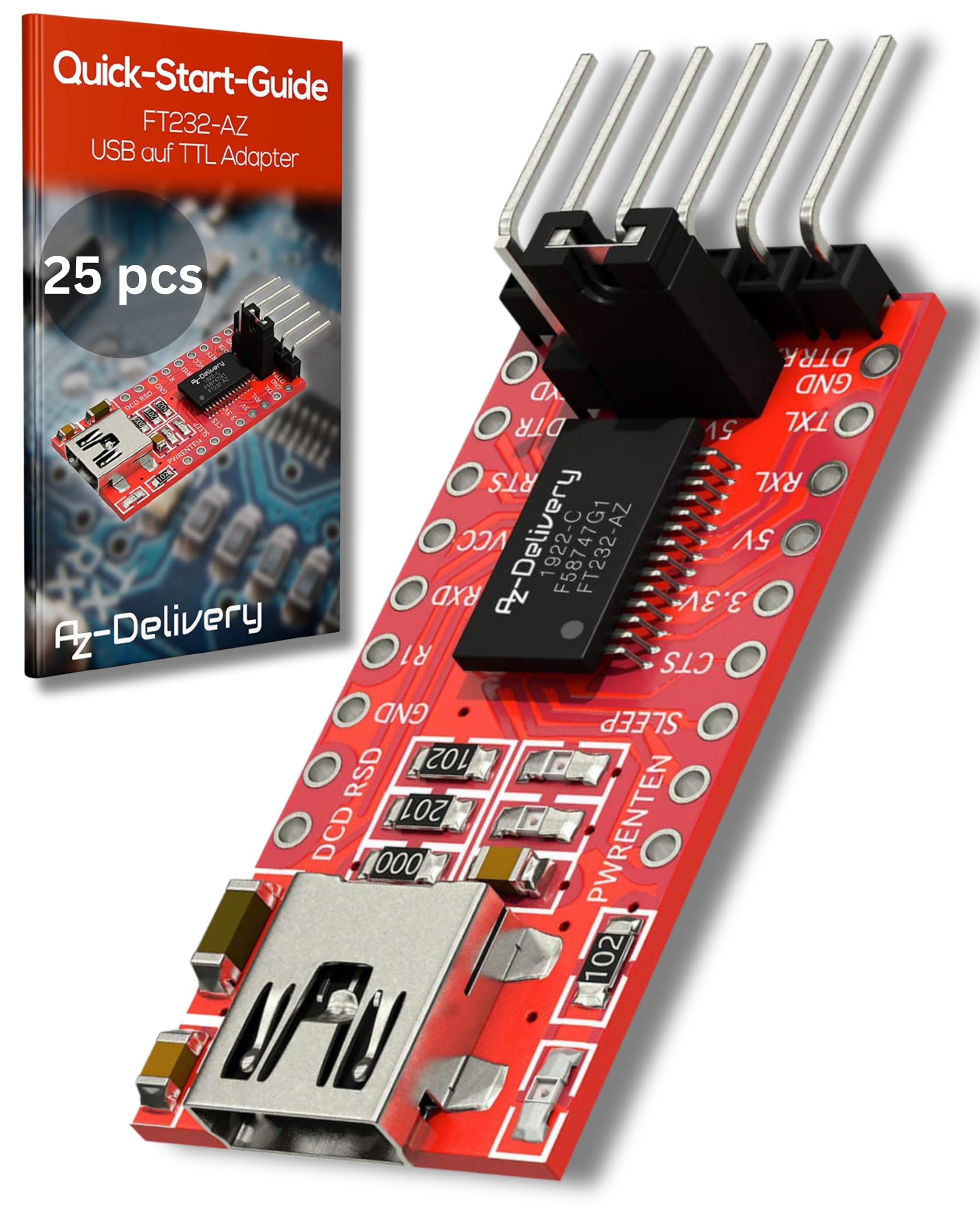 AZDelivery 25 x compatible with FT232RL Mini USB to TTL Serial Converter Adapter Module 3.3V 5.5V FT232R Port DTR RX TX VCC CTS GND Pin compatible with Arduino and Raspberry Pi including E-Book!