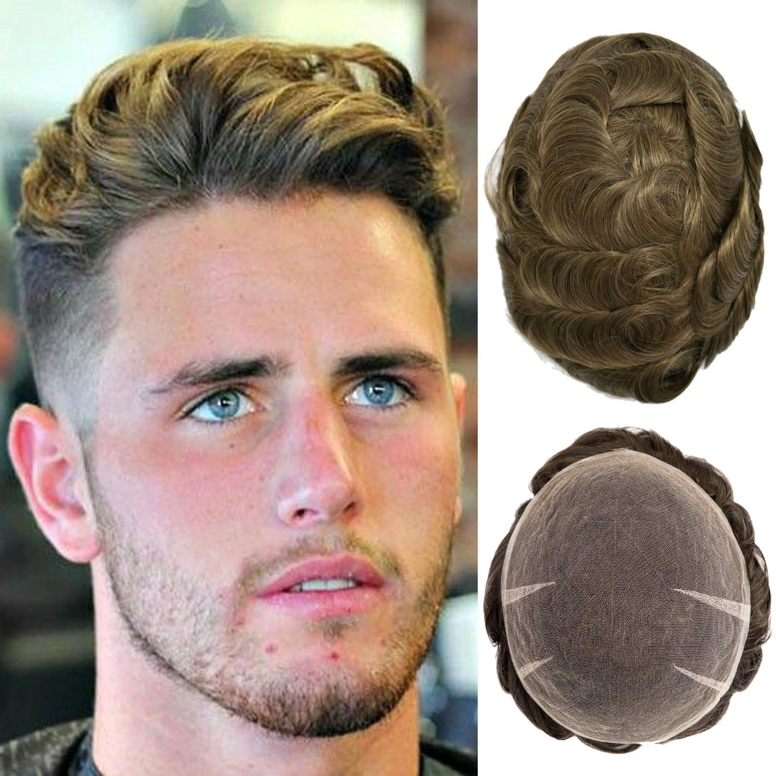 Ehairc Toupee For Men Full Swiss Lace Hair System For Men 100% Human Hair Breathable Men'S Toupee Hairline Bleach Knots Natural 90% Density Mens Lace Wig Base Size 8X10" (#7)