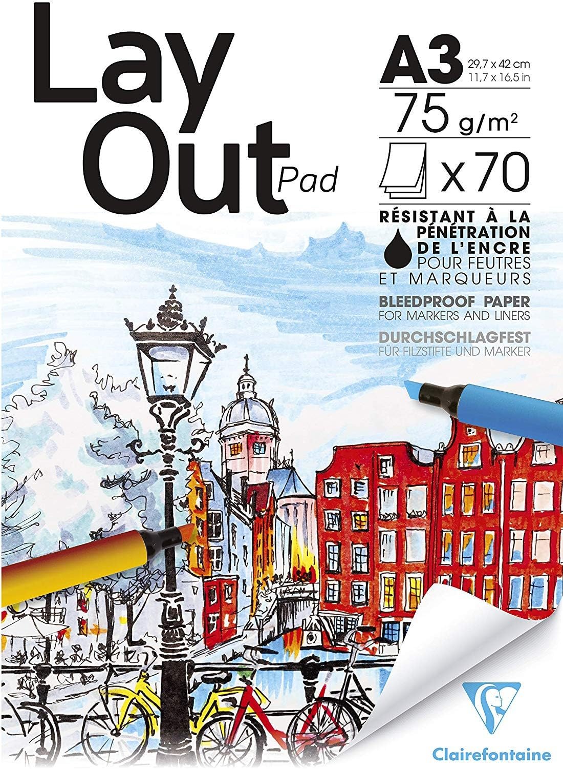 Clairefontaine - Ref 96534C - Layout Glued Pad (70 Sheets) - A3 (297 x 420mm) in Size, 75gsm Extra White Smooth Paper, Bleedproof Paper - Suitable for Pens & Alcohol Markers