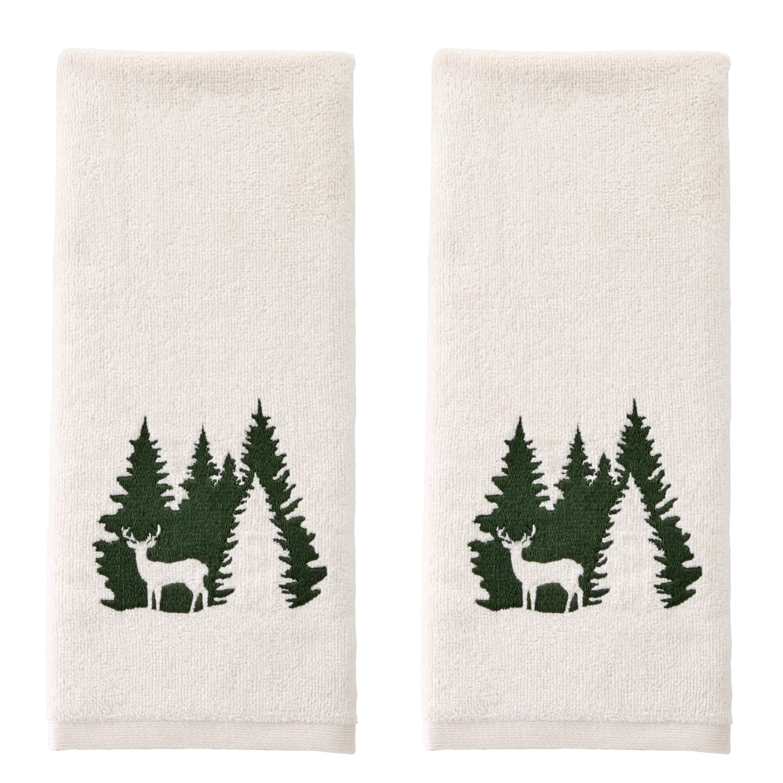 SKL Home Christmas/Winter Deer Spruce 100% Cotton Embroidered 2pc Hand Towel Set, Decorative for Bath/Kitchen/Bar, Natural Image
