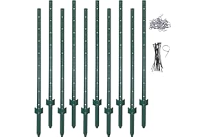 (4 Sizes: 4-5-6-7 Feet) LADECH 6 Feet Sturdy Duty Metal Fence Post with 40 Zip Ties & 25 Post Clips– Garden U Posts for Fencing (6 Feet - Light - Set 10)