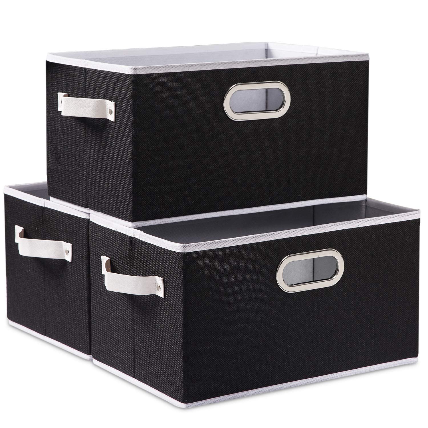 Photo 1 of PRANDOM Large Collapsible Storage Bins for Closet [3-pack] Decorative Fabric Storage Baskets Cubes with Leather/Metal Handles for Shelves Bedroom Living Room Black (14.9x9.8x8.3 Inch)