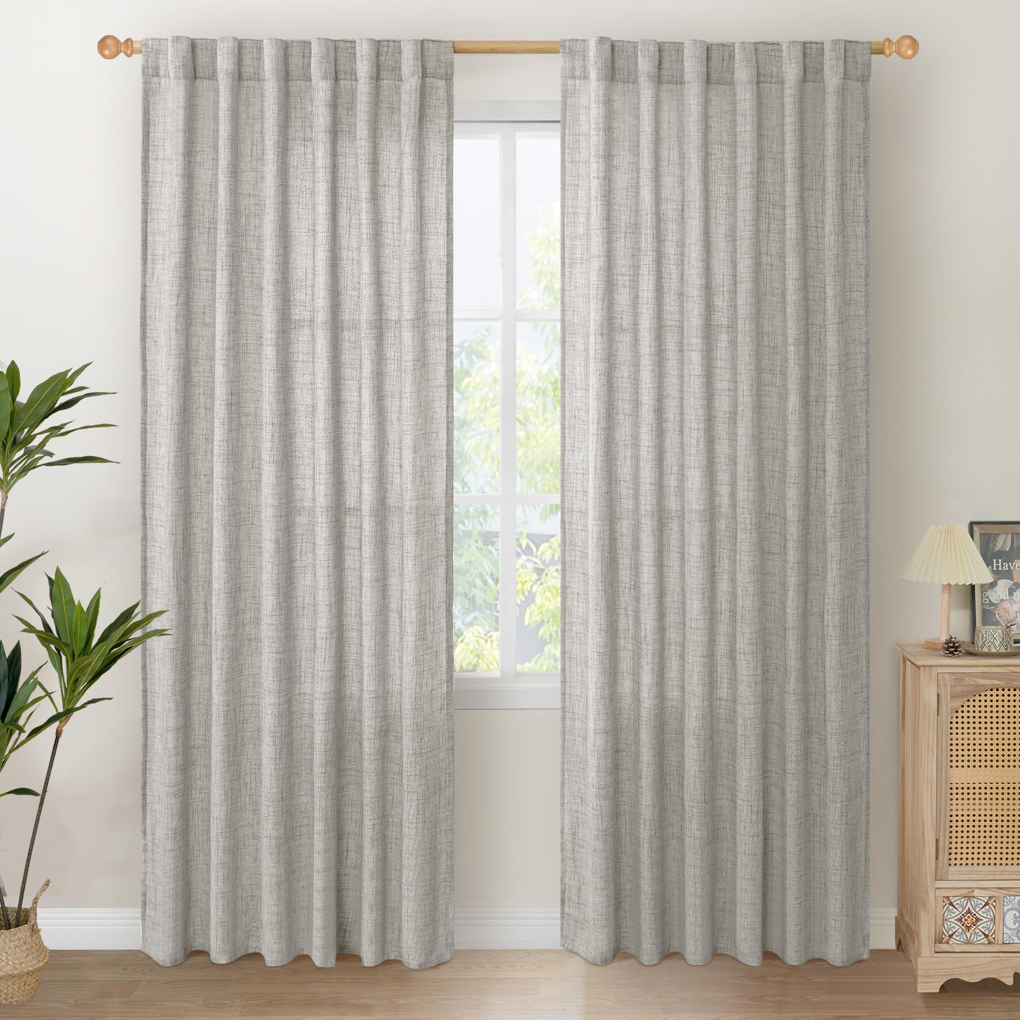 YoungsTex Dark Grey Linen Curtains 80 Inch Length for Living Room, Light Filtering Semi Sheer Window Drapes Rod Pocket Back Tab Curtain for Bedroom Office Rustic Privacy, 2 Panels, 52 X 80 Inch Image
