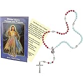 Divine Mercy Rosary - Novena Book, Laminated Chaplet Prayer Card - Red and Blue Beads Rosary for Daily Prayer - Rosario De La Misericordia - 3 Items Set