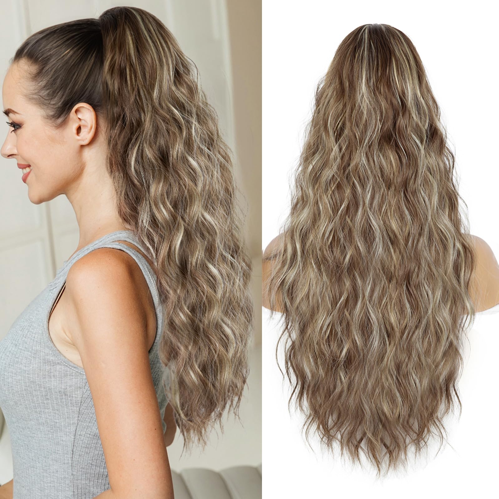 26 Inch Ponytail Extension, Synthetic Long Hair Pieces for Women, Soft Natural Pony Tails Extensions, Drawstring Ponytail Hair Extension for Daily Use (Ash Brown with Platinum Blonde Highlights)