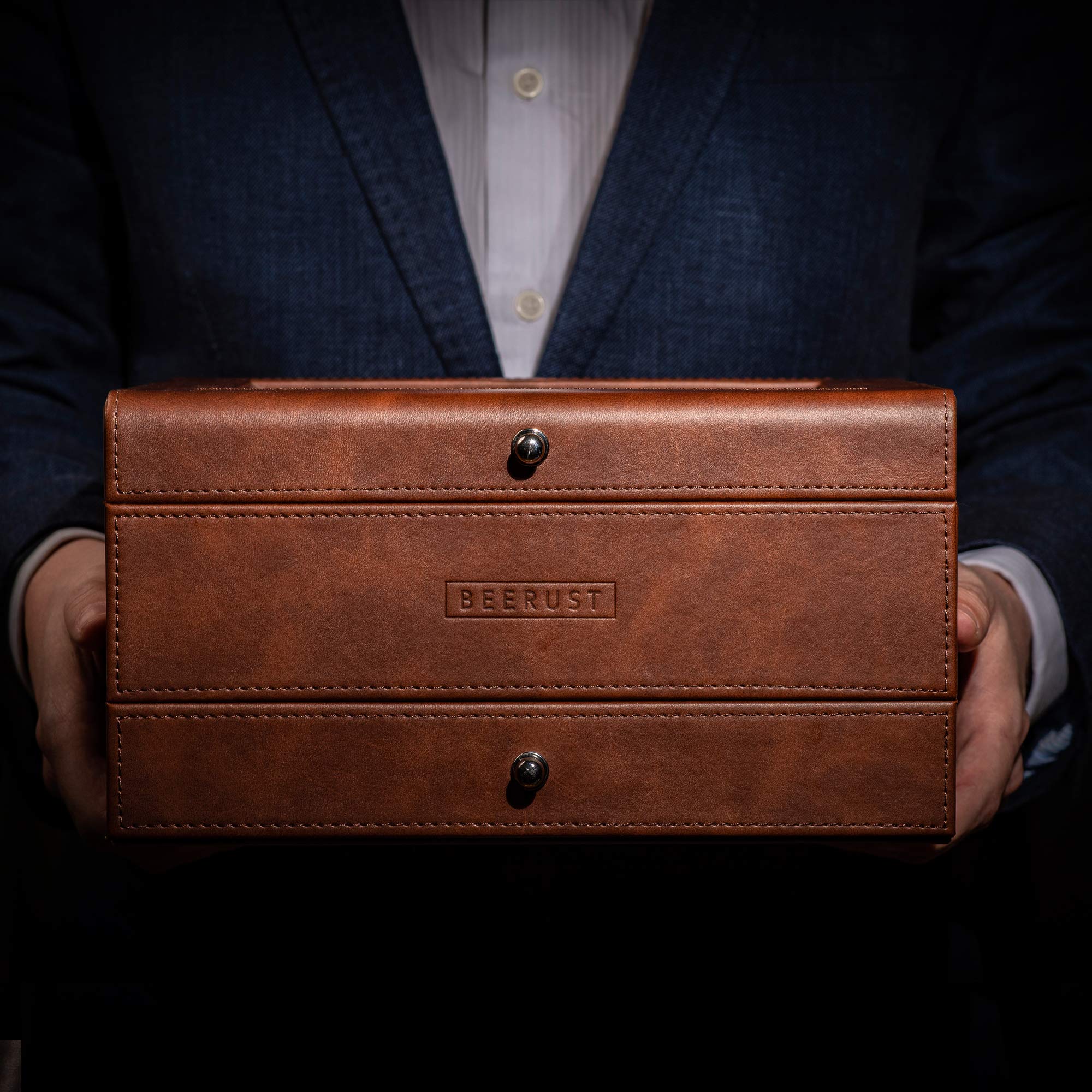 BEERUST Watch box organizer for men - Leather watch case - Luxury watch box - For large mens wrist watches - Mens jewelry box organizer - Watch case - With mens valet drawer - Watch display case