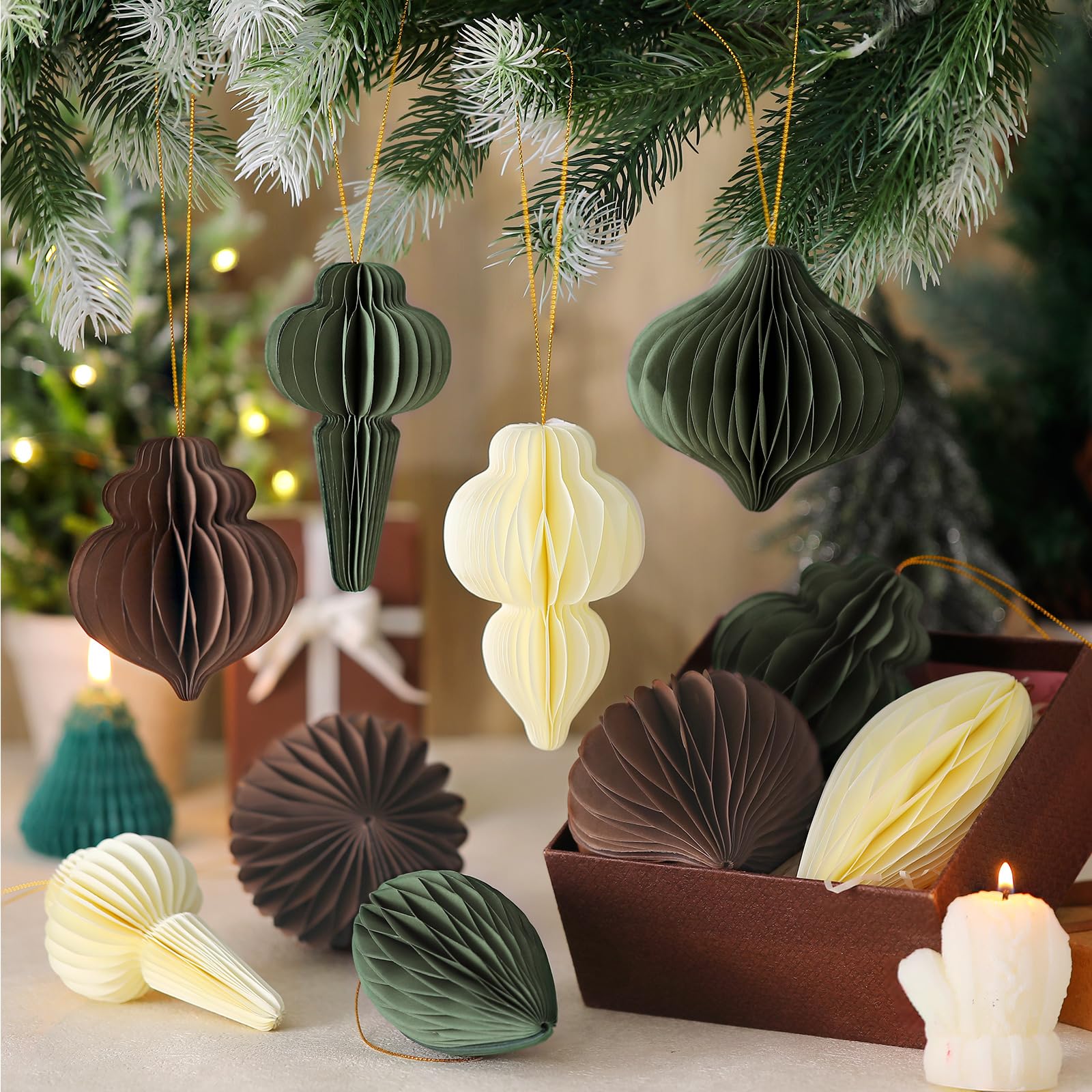 Photo 1 of Moinchore 18 Pcs Christmas Honeycomb Decorations, Paper Hanging Ornament for Tree for Xmas Holiday Party Decor(Coffee, Light Green, Beige)