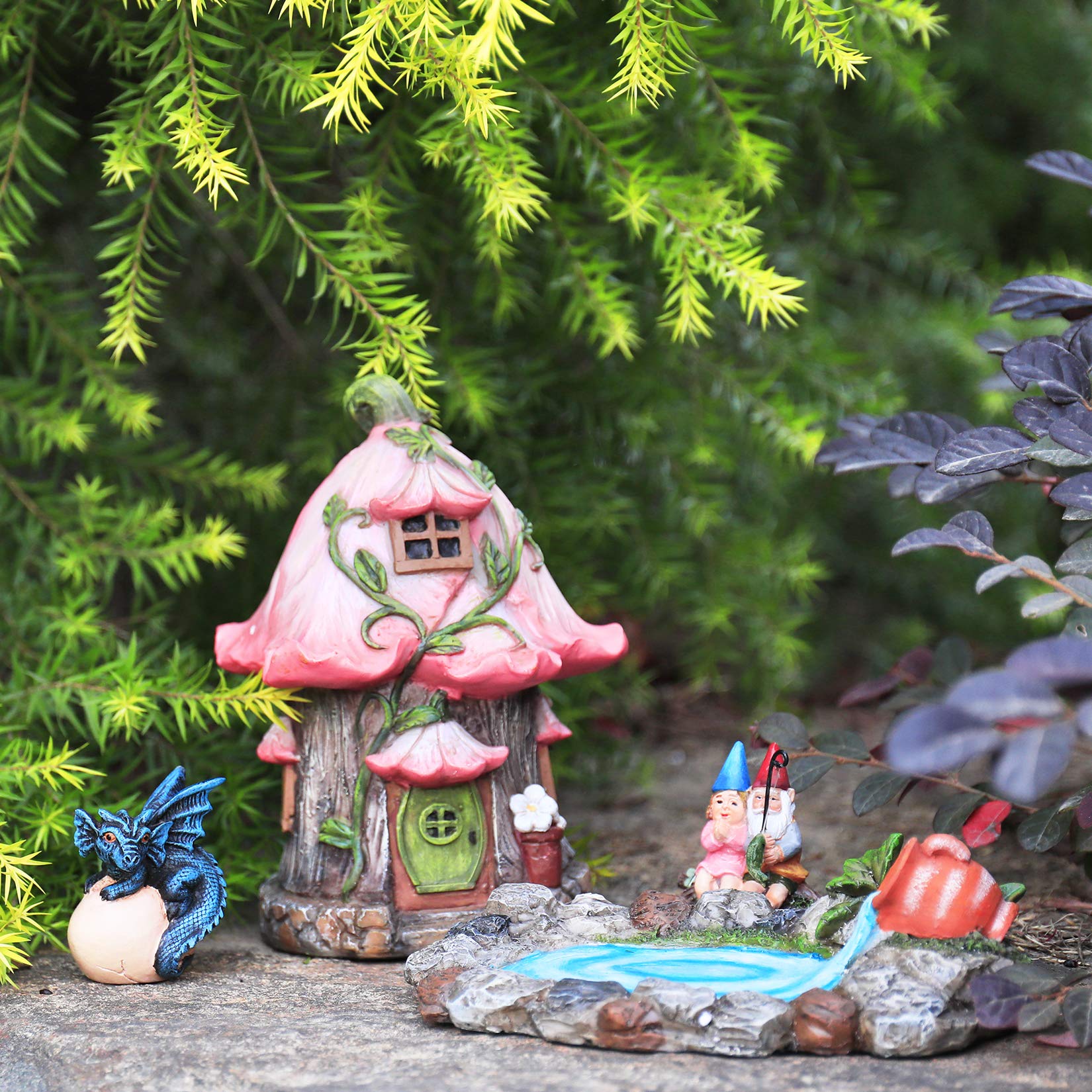 Fairy Garden Gnome Accessories Kit - Hand Painted Miniature Fairy House Dragon Figurine Set of 4 pcs, Indoor &amp; Outdoor Ornaments Gifts for Girls Boys Adults