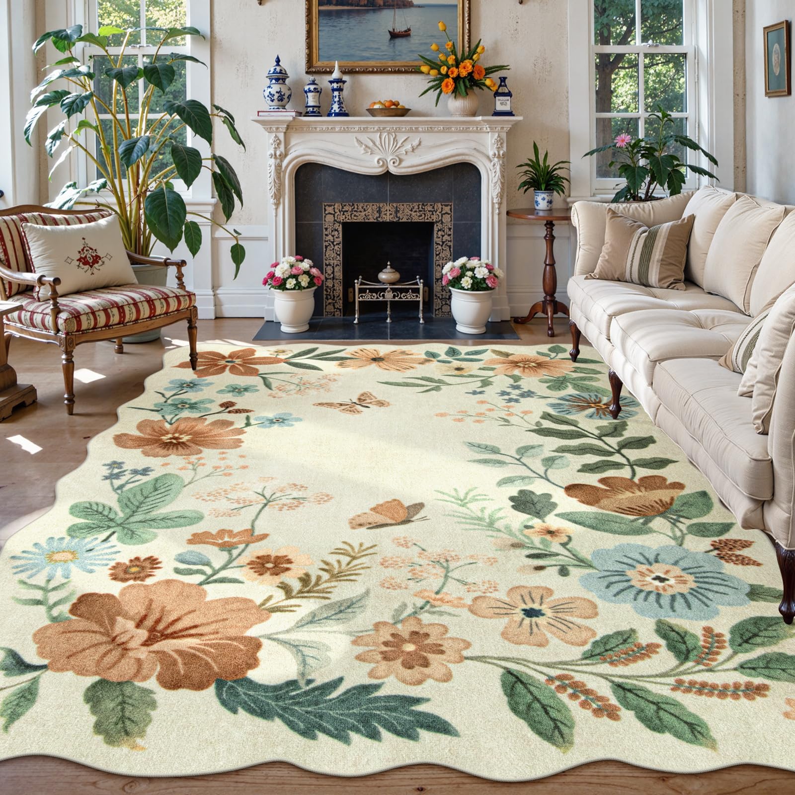 Photo 1 of Lahome Floral 9x12 Area Rugs for Living Room Bedroom, Soft Washable Rugs 9x12 Stain Resistant, Ultra-Thin Non-Slip Boho Dining Room Rug Non-Shedding Accent Carpet for Office(9x12ft,Beige)