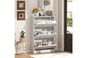 Wodeer Shoe Cabinet with 3 Flip Drawers, 47" Slim Hidden Wood Shoe Storage Cabinet with Adjustable Shelf, Freestanding Narrow Shoe Rack Organizer for Entryway, Hallway, White