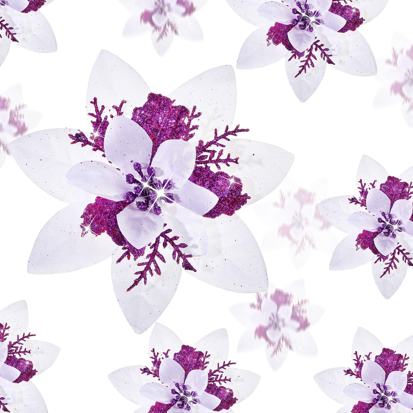 Geosar 24 Christmas Glitter Artificial Poinsettia Flowers Xmas Poinsettia Artificial Wedding Flowers Decorations Xmas Tree Ornaments with Clips for Party Favors, 6 Inch, 4 Inch, 3 Inch (White Purple)
