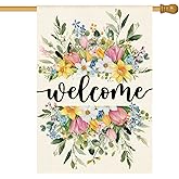 AVOIN colorlife Spring Flowers Welcome House Flag 28x40 Inch Double Sided Outside, Floral Seasonal Farmhouse Yard Outdoor Flag