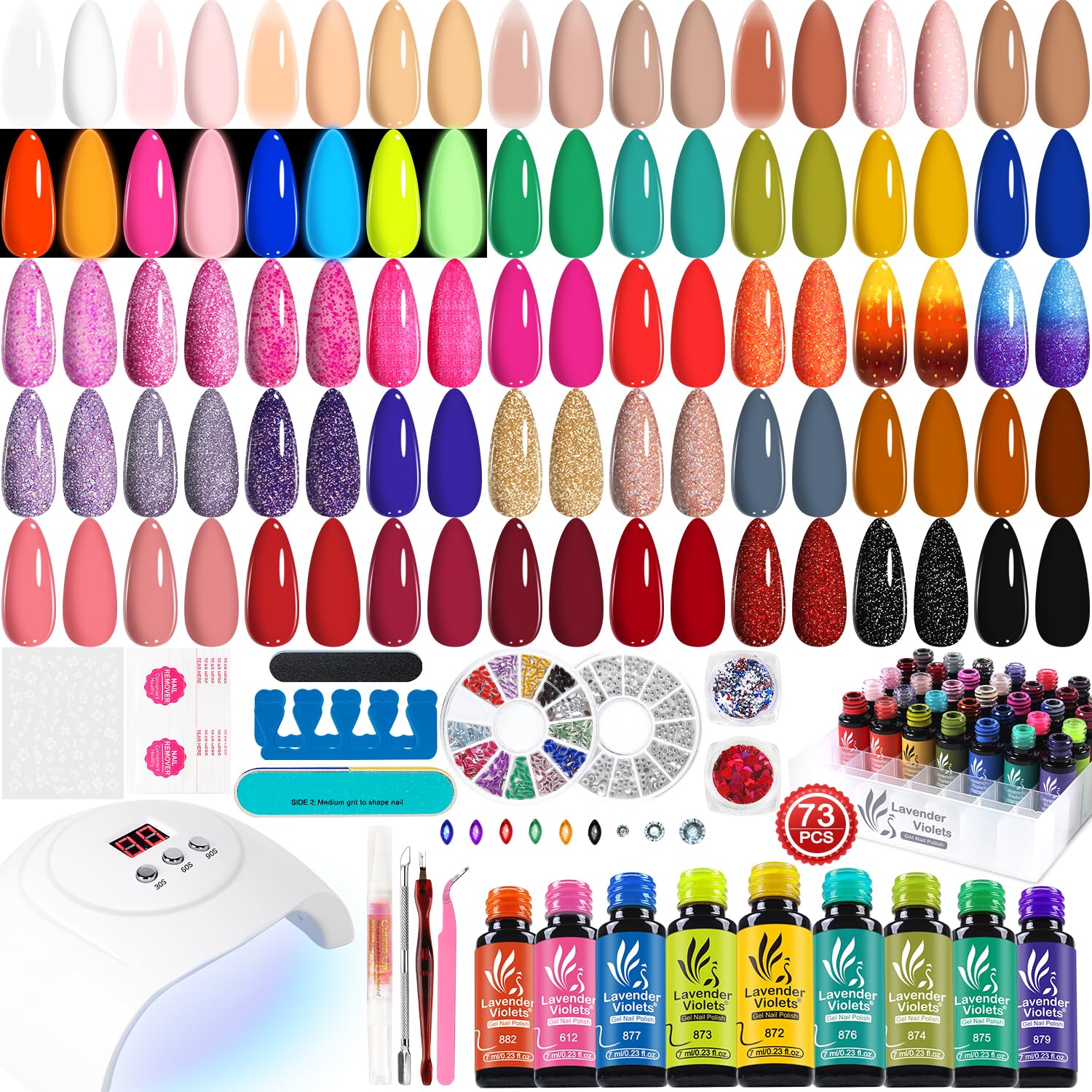 Lavender Violets 73 Pcs Gel Nail Kits with UV Lamp, Jelly Gel Nail Polish/Neon/Glow in the Dark 45 Colors,Pre Primer,Base,Matte & Top Coat,54W LED Light Rhinestones Manicure LA00