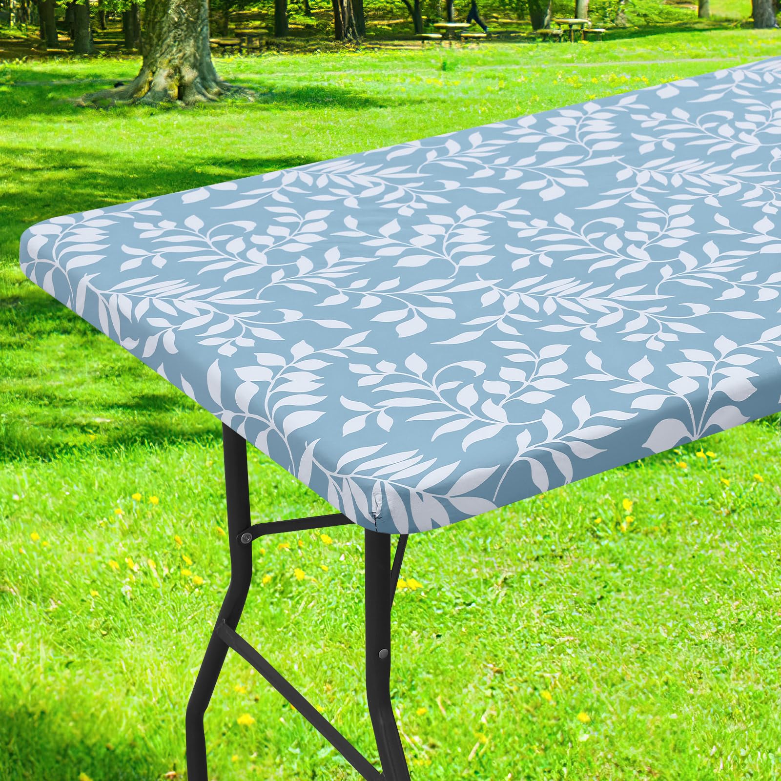 Photo 1 of Smiry Rectangle Table Cloth Cover, Waterproof Elastic Fitted Picnic Tablecloth for 6 Foot Tables, Wipeable Flannel Backed Vinyl Tablecloths for Camping, Dining, Outdoor (Baby Blue, 36" x 72")