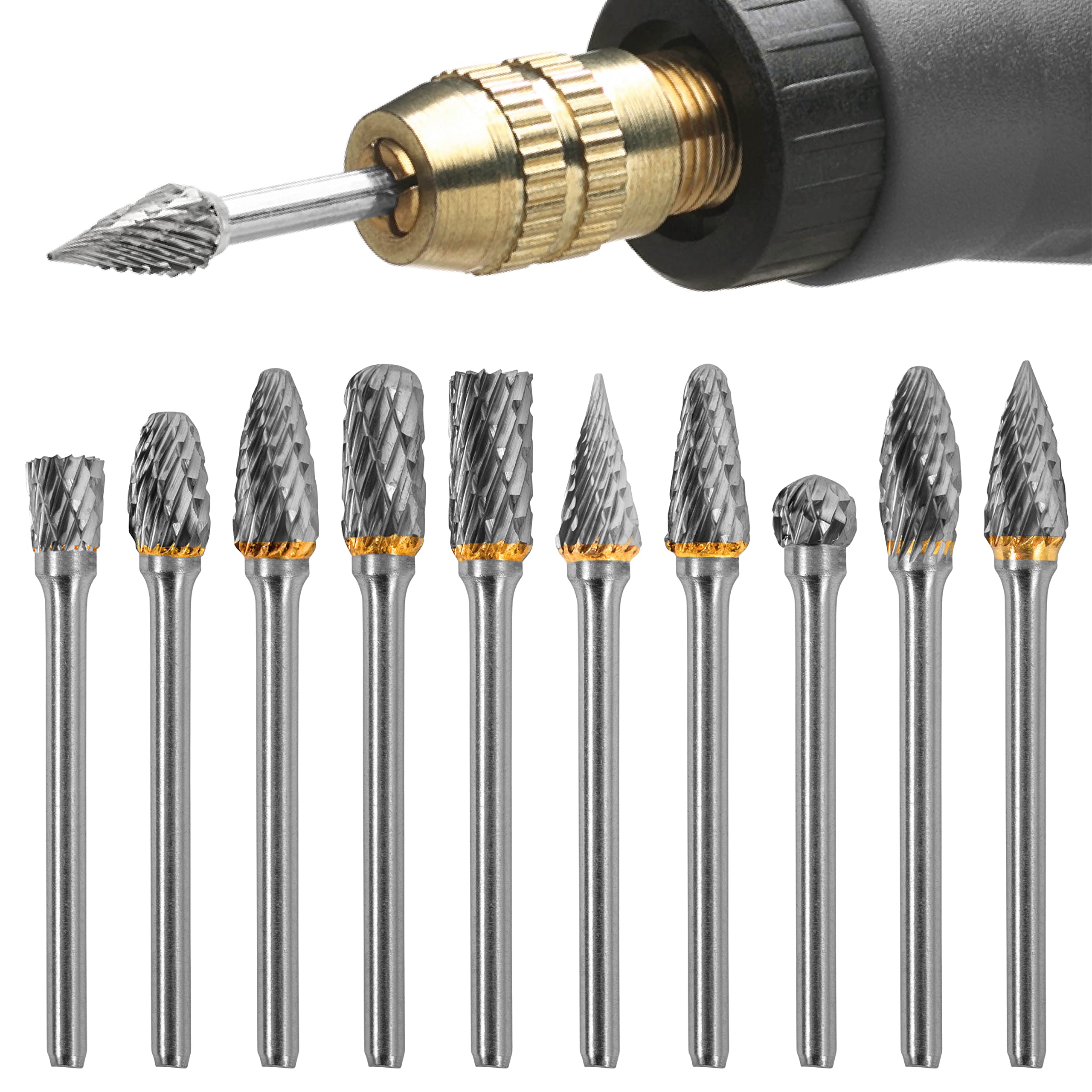 BLOSTM Rotary Burrs Set - 10pcs Tungsten Carbide Die Grinder Bits for Rotary Tool, 1/8 Inches Shank, Wear Resistant Files for Metal, Polishing, Drilling, Carving Burrs for Wood - 10 PACK