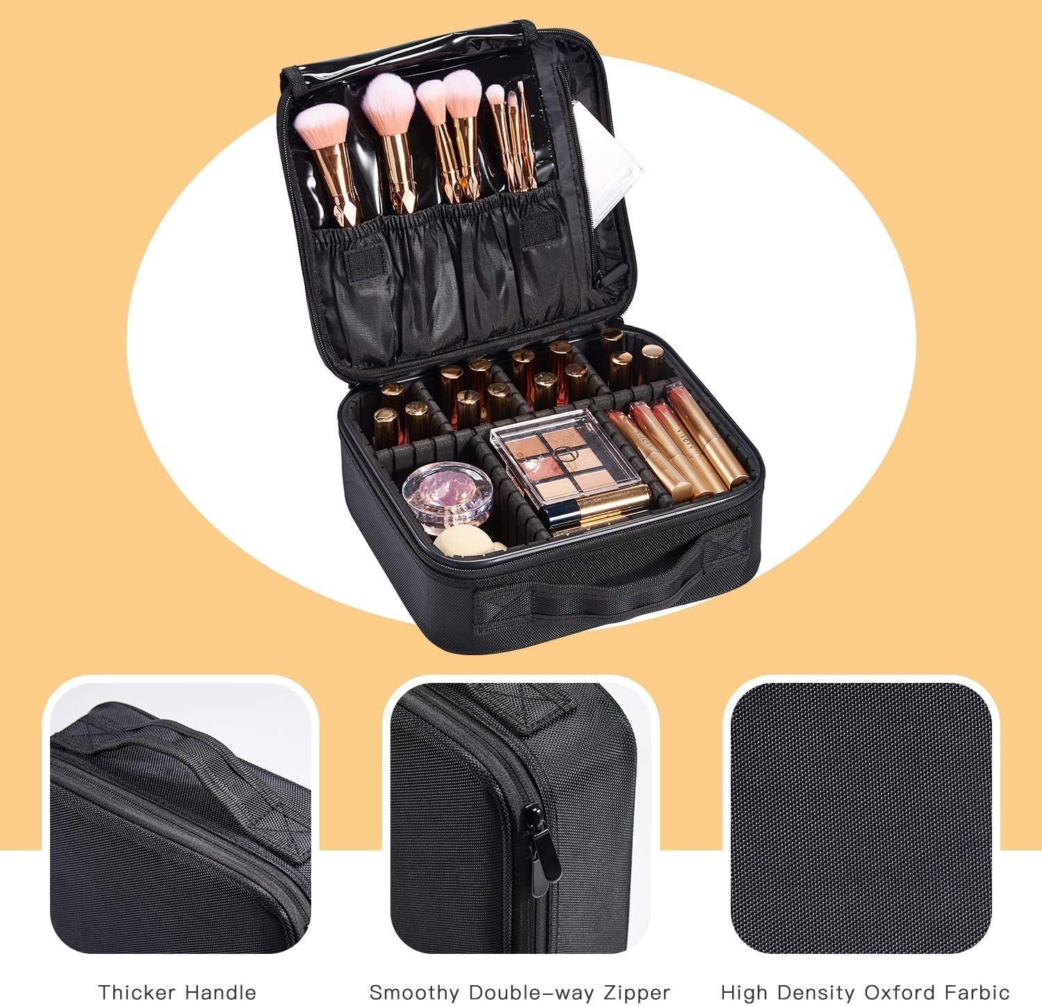 Travel Makeup Case Professional Cosmetic Bag Make Up Train Case Hairdressing Tools Organiser with Adjustable Compartment Oxford Fabric, Black - Image 5
