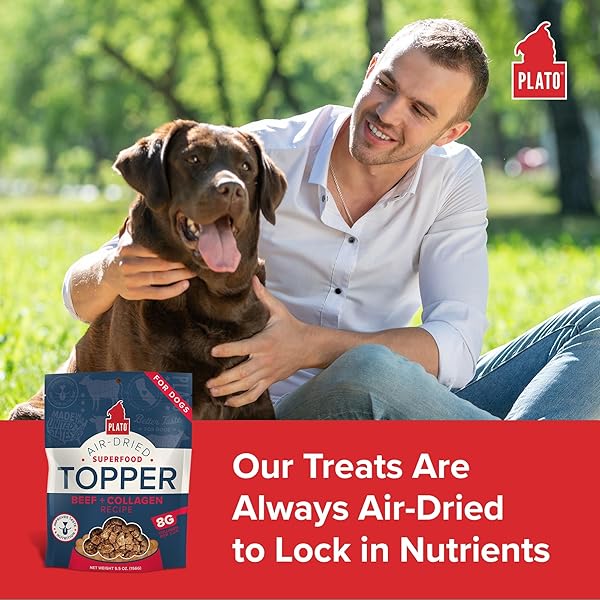 PLATO PET TREATS DOG FOOD TOPPERS – AIR-DRIED DOG FOOD TOPPERS FOR DRY FOOD – WITH COLLAGEN TO SUPPORT SKIN AND COAT HEALTH – BEEF AND COLLAGEN RECIPE 12OZ