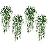 SJL 4pcs Fake Hanging Plants Realistic Artificial Outdoor Flowers Hanging Greenery Artificial Ivy Vine Leaves Faux Green Plastic Plants Greenery Flowers Green Leaf Decor for Wall Home (White)