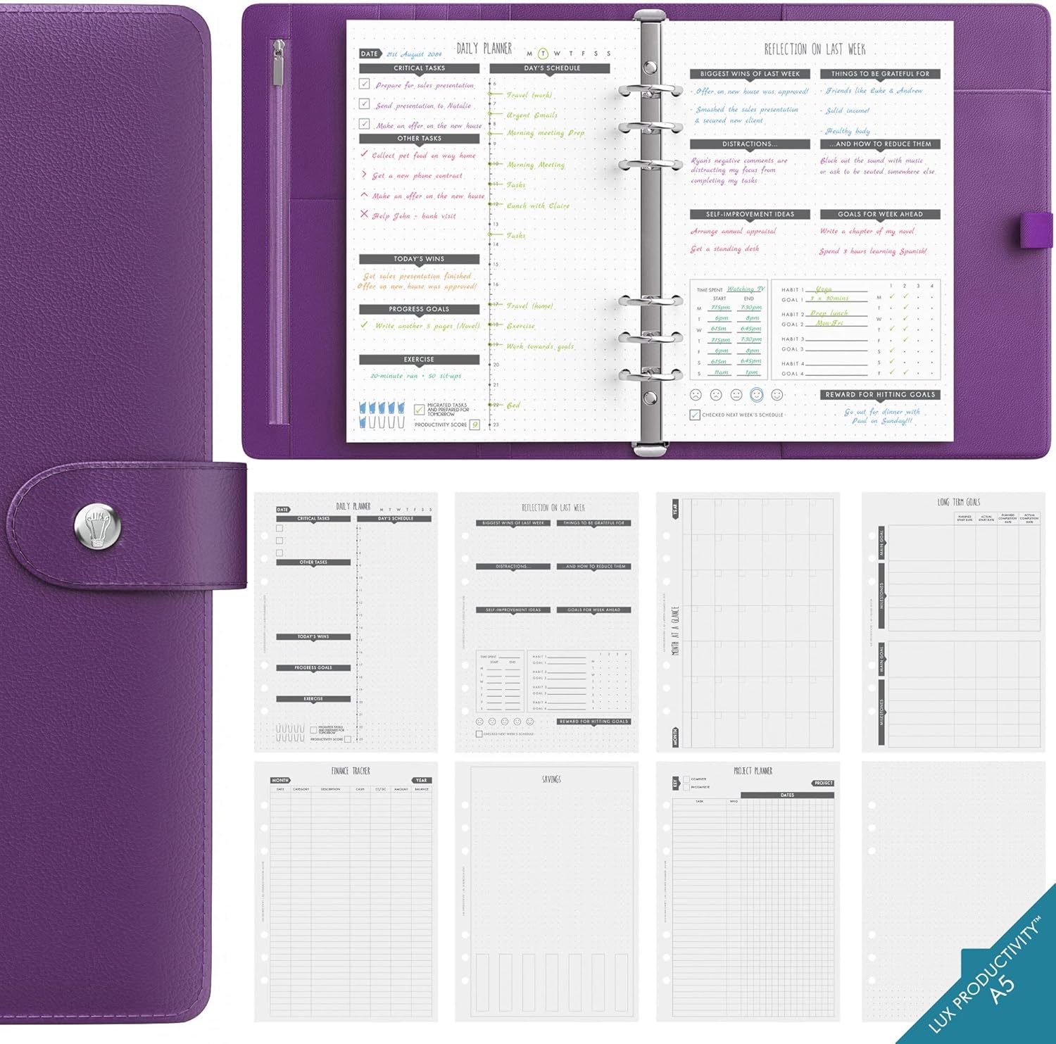 LUX Productivity PRO A5 Planner – Best Undated Diary Task Organizer with Daily Schedule & Reflection Journal - Manage Time/Projects/Finances/Goals/Gratitude/Happiness- (Purple) : Office Products