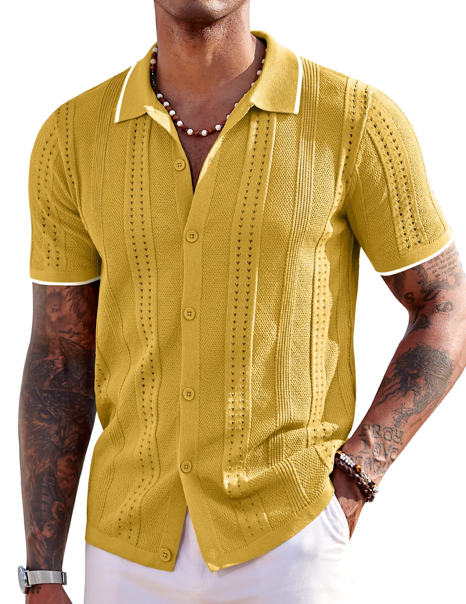 COOFANDY Men's Knit Shirts Short Sleeve Button Down Polo Shirt Fashion Casual Summer Beach Shirts Image