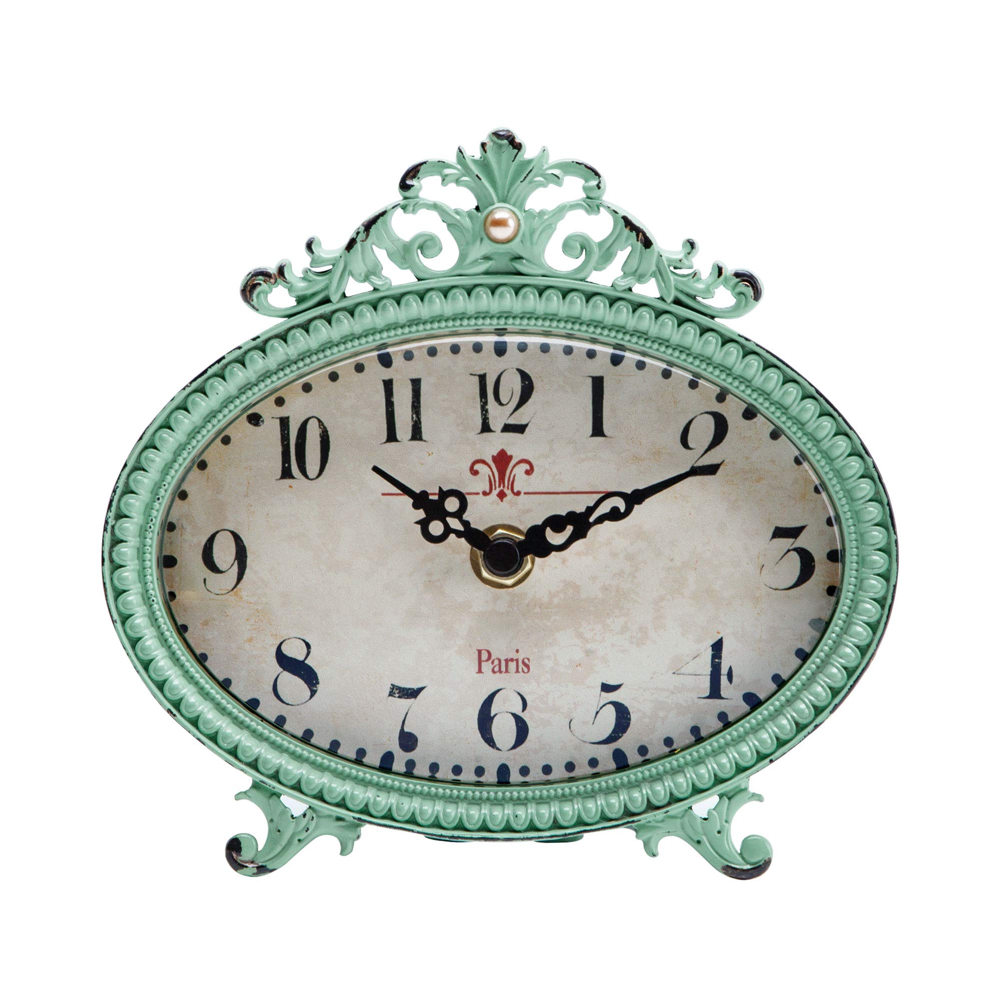 NIKKY HOME Vintage Table Clock, French Turquoise Color Rococo Style Desk Clock Battery Operated Rustic Design, Home Décor for Living Room, Bedroom, Bedside, Desk, Gift Clock - Distressed Green