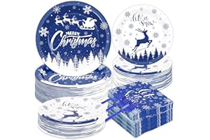 GOLDGAO 200Pcs Christmas Plates and Napkins Blue Merry Christmas Tableware Set Let it Snow Reindeer Snowflakes Dinnerware Set for Xmas Party Decorations Winter Holiday Birthday Party Serve 50 Guests