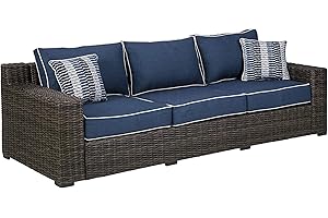 Signature Design by Ashley Grasson Lane Outdoor Patio Wicker Sofa with Cushion and 2 Pillows, Brown & Blue