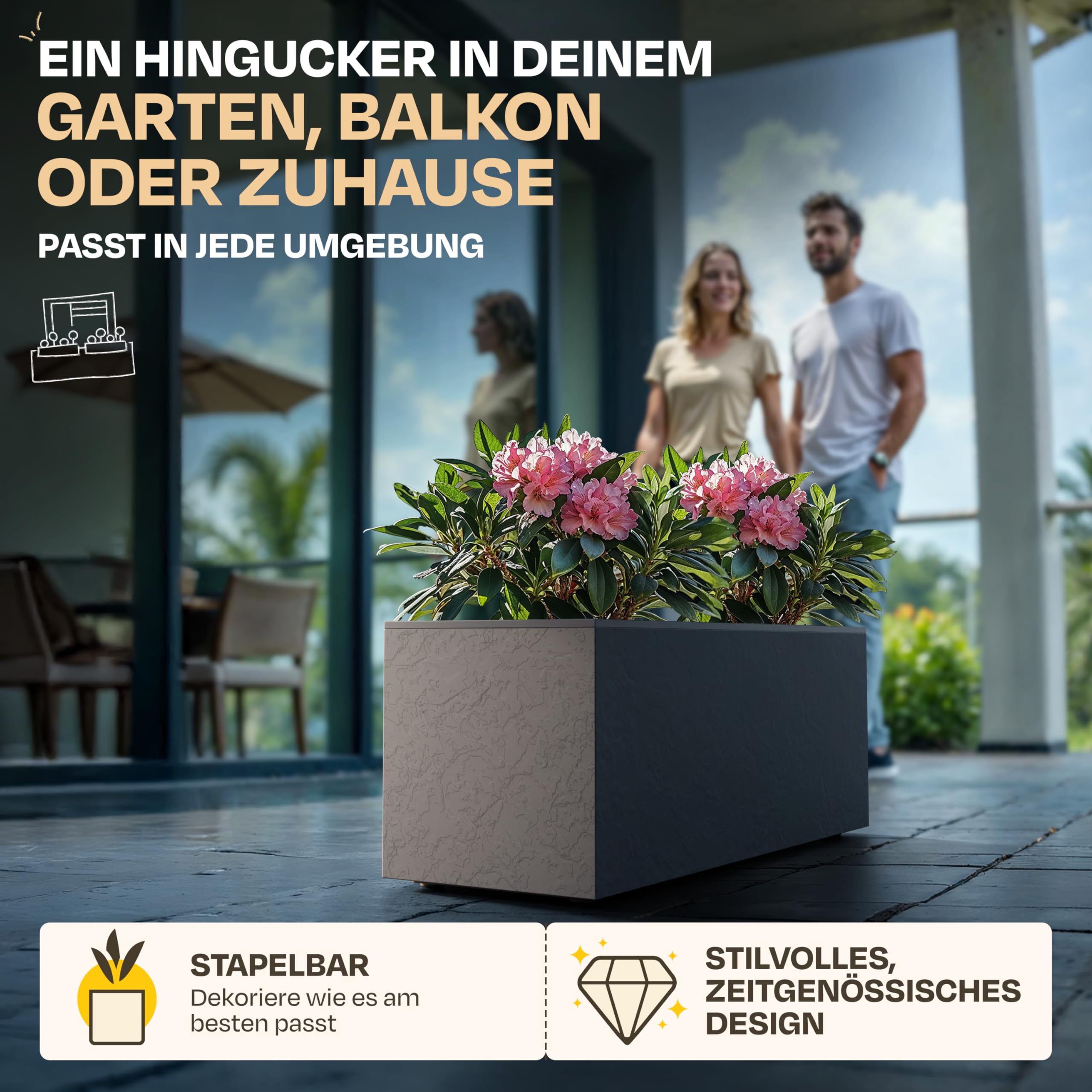 Ondis24 2X Pflanzkübel Vulkano, je 50L Pflanzvolumen, rechteckig, Blumenkasten mit Wasserspeicher, Balkon Terrasse, Blumenkübel, Doppelpack (Anthrazit) 6
