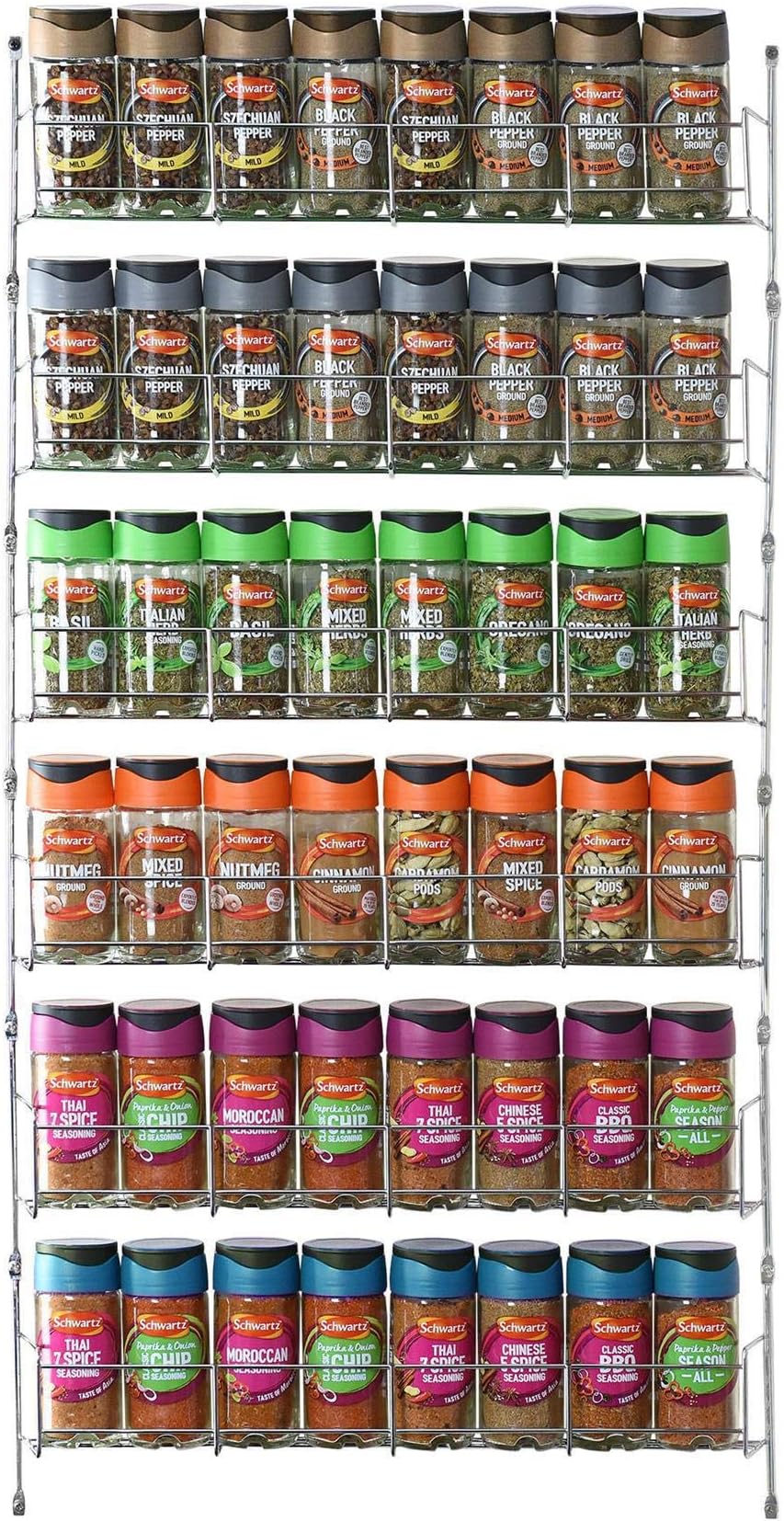 Vinsani 6 Tier Spice Rack Organiser Wall Mounted Silver Chrome