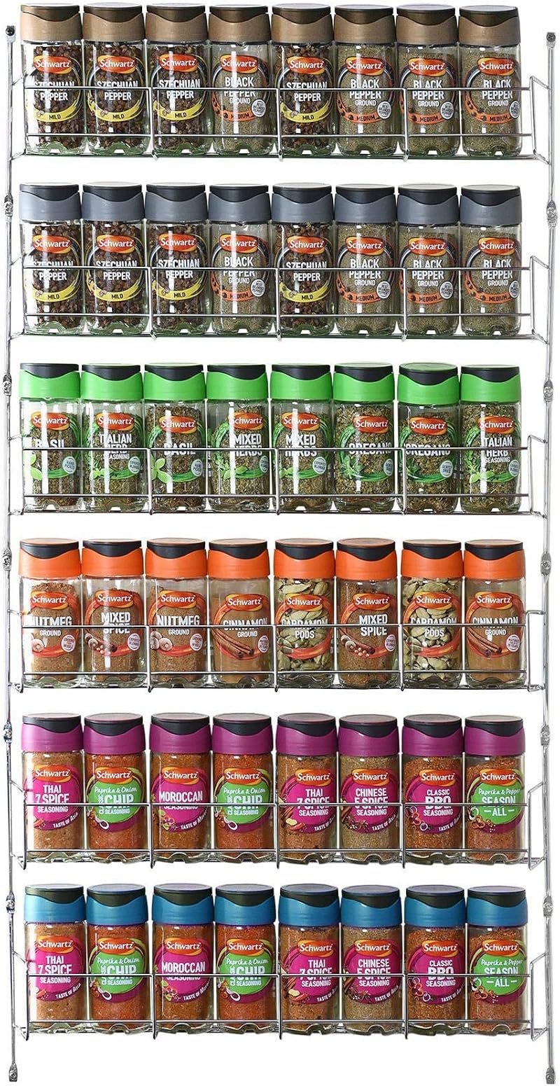 Vinsani 6 Tier Spice Rack Organiser Wall Mounted Silver Chrome