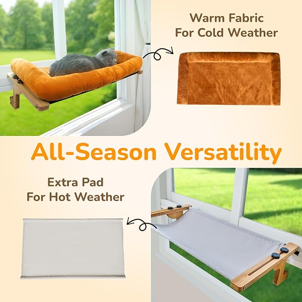 [READY TO GIFT] PURRHOUSE 45LBS CAT WINDOW PERCH WITH BOLSTER, HAMMOCK SEAT WITH PLYWOOD & METAL FRAME, CAT BED FOR WINDOWSILL, BEDSIDE AND CABINET (NATURAL WOOD & BROWN CUSHION, 24.8”W X 9.4”H)