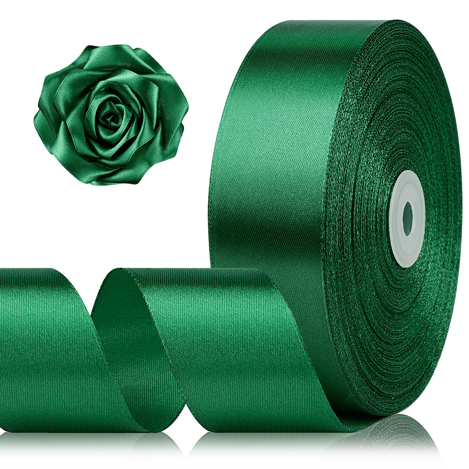 Photo 1 of 1-1/2 Inch 100 Yards Dark Green Satin Ribbon, Solid Fabric Ribbon Roll for Flower Bouquet, Gift Wrapping, Roses Making, Handmade Crafts