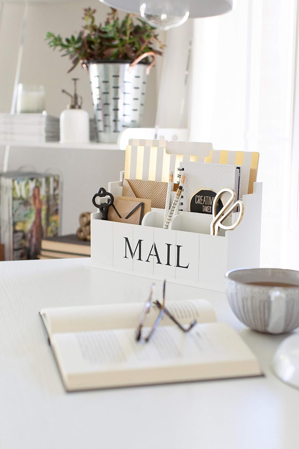 Blu Monaco White Wooden Mail Organizer - 3 Tier White Desk Organizer - Rustic Country Mail Sorter - Kitchen Counter Organizer Mail Holder: Home & Kitchen